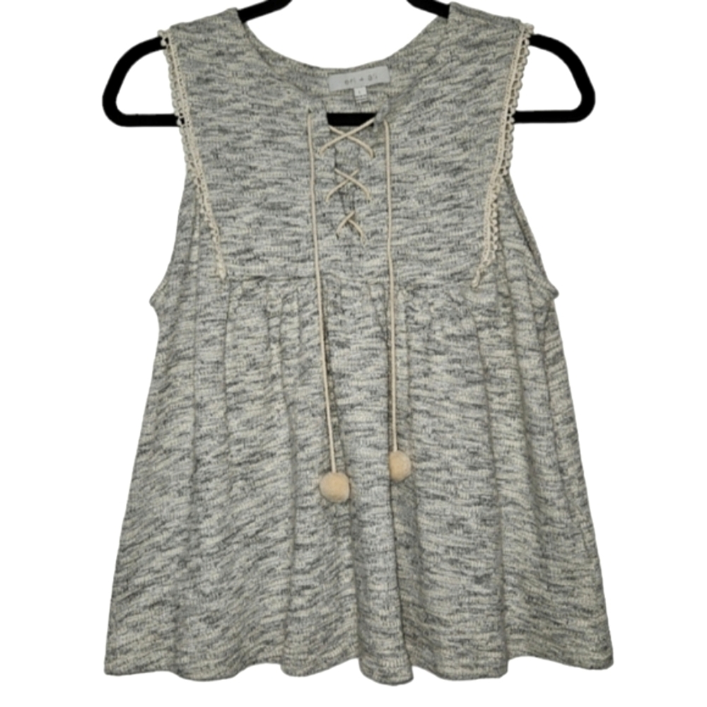 ANTHROPOLOGIE Eri & Ali Tank Top Sleeveless Blouse Women Large Gray Pom Tassels